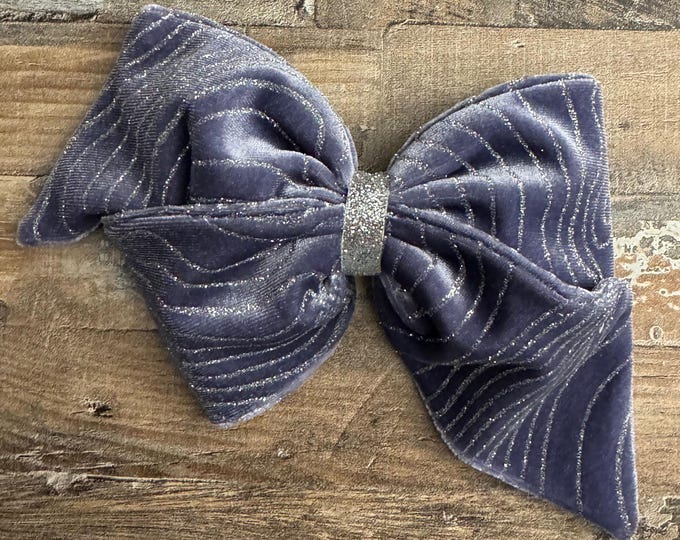 Periwinkle and Silver Velvet Pinwheel Hairbow on French Barrette, LUKDesignsBoutique