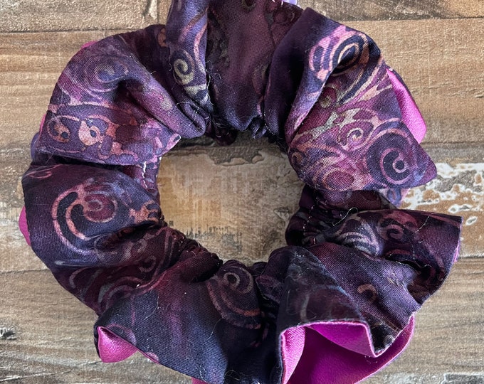 Purple and Pink Watercolor Cotton and Satin Double Ruffle Large Scrunchie with Button Embellishments, LUKDesignsBoutique