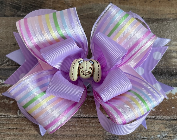 Rainbow Striped and Purple Easter Hair Bow with Bunny or Basket Embellishment (Choose Alligator Clip or French Barrette), LUKDesignsBoutique