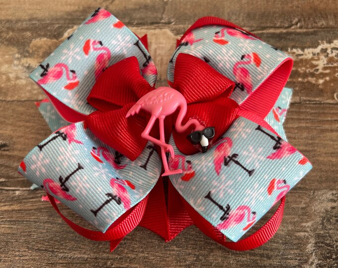 Christmas Hair Bow, Tropical Christmas Hair Bow, Island Christmas Hair Bow, Flamingo Hair Bow, LUKDesignsBoutique, (C0013)