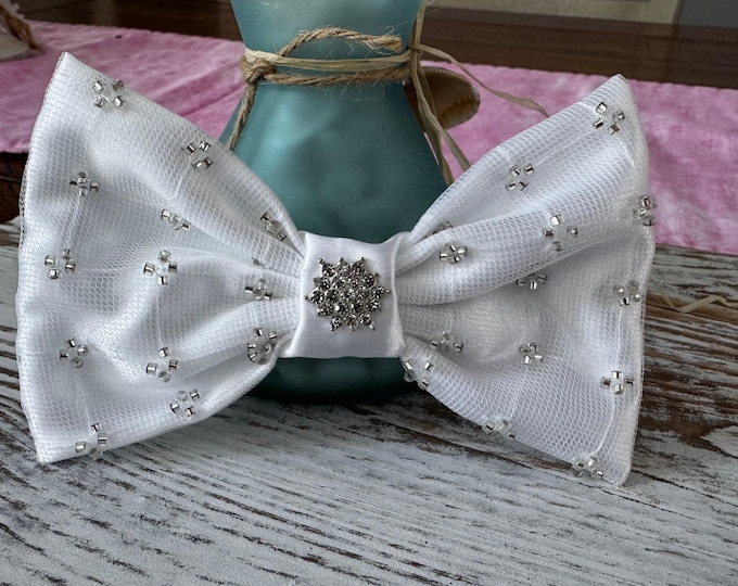 White Satin Bow with Organza Overlay and Crystals on French Barrette, LUKDesignsBoutique