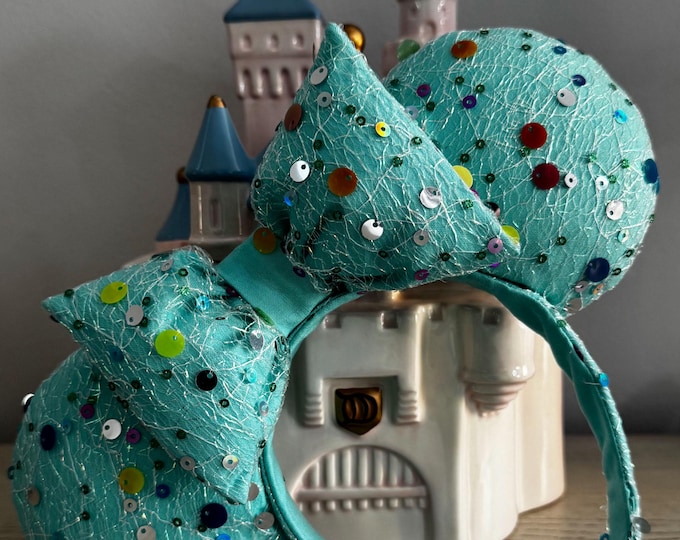 Turquoise Blue with Multi-Colored Sequins Mickey Minnie Ears Headband, LUKDesignsBoutique