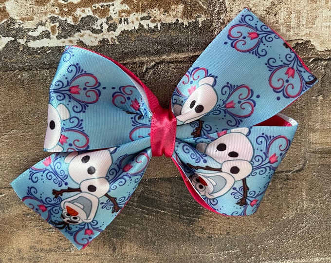 Blue, Pink, and White Satin Hair Bow with Snowman on Snap Clip, LUKDesignsBoutique