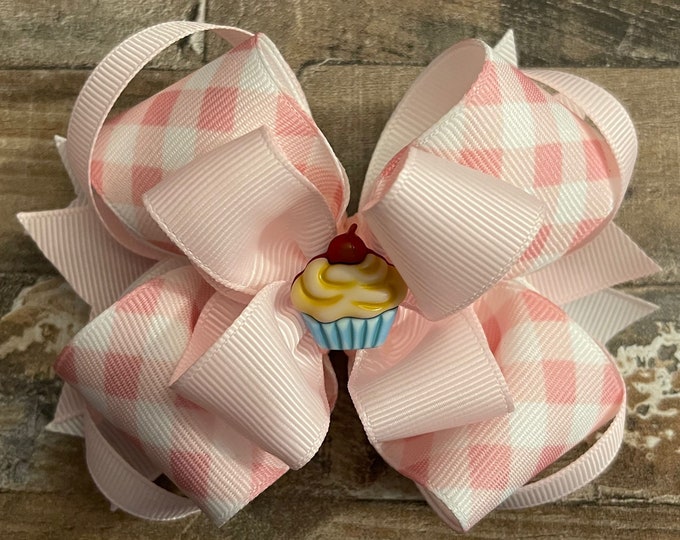 Summer Hair Bow, Cupcake Lollipop Bow, Pink White Hair Bow, Bakery Hair Bow, LUKDesignsBoutique