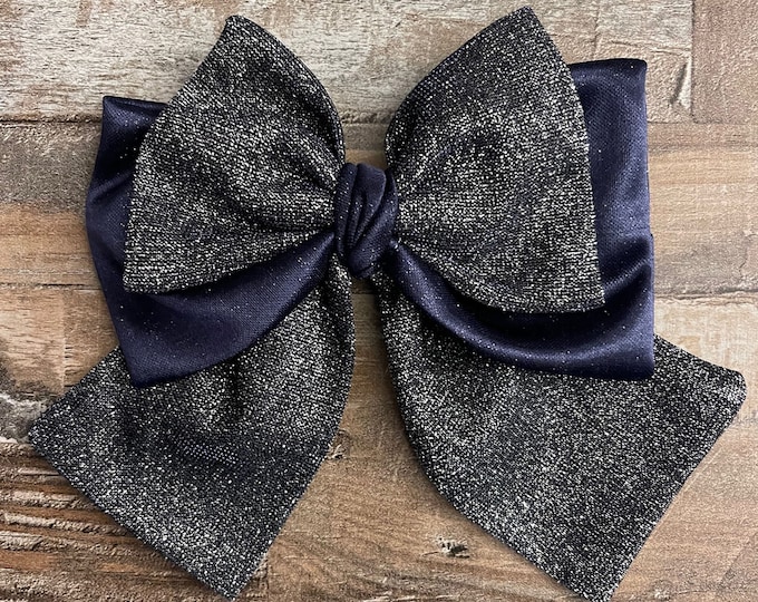 Blue Satin and Blue/Silver Sparkle Fabric Hair Bow on French Barrette, LUKDesignsBoutique