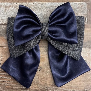 Blue Satin and Blue/Silver Sparkle Fabric Hair Bow on French Barrette, LUKDesignsBoutique