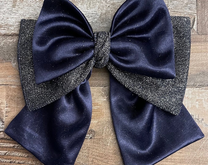 Blue Satin and Blue/Silver Sparkle Fabric Hair Bow on French Barrette, LUKDesignsBoutique