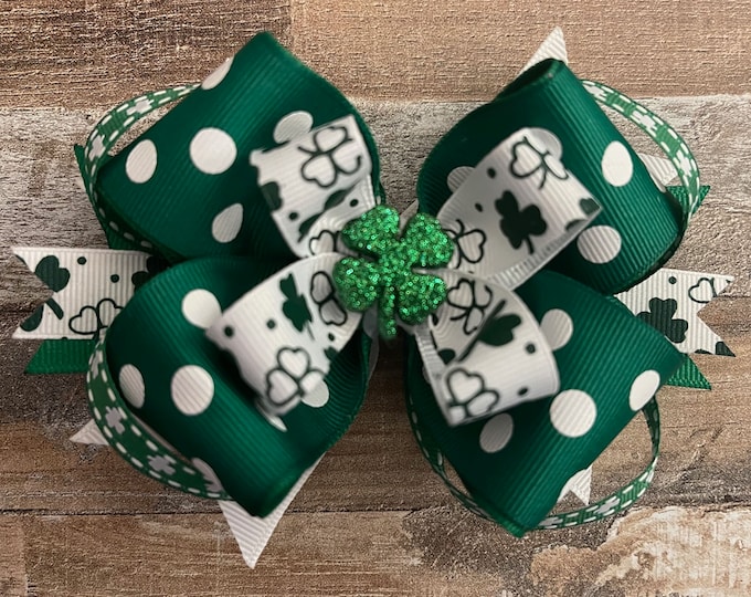 Green and White Polka Dot St. Patrick's Day Hair Bow with Glitter Shamrock, LUKDesignsBoutique
