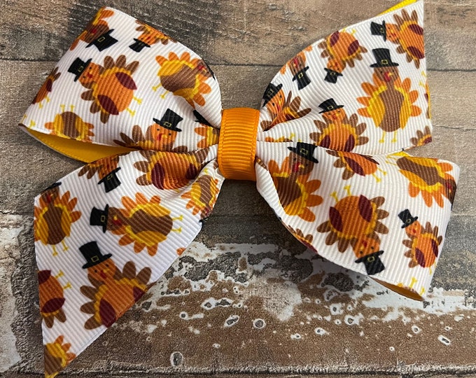 Thanksgiving Turkey White, Orange, and Gold Hair Bow on Snap Clip, LUKDesignsBoutique