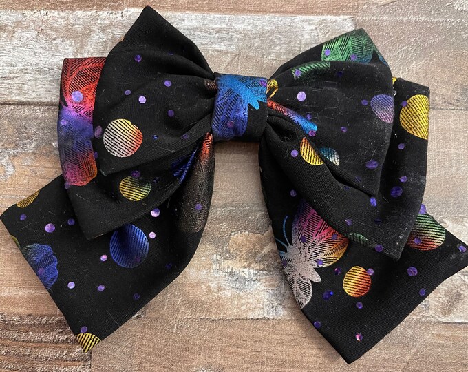 Cotton Fabric Hair Bow with Multi-Color Dots and Butterfly on a French Barrette for Dance, LUKDesignsBoutique