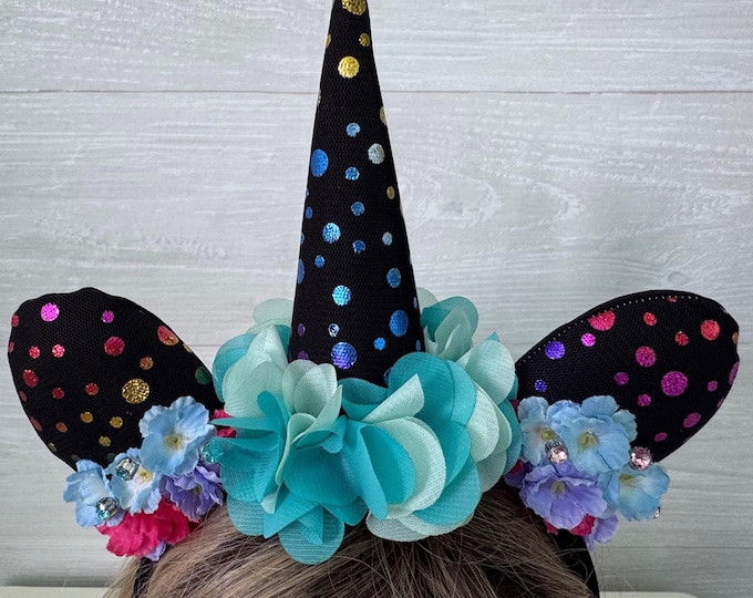 Black Unicorn Headband with Multicolor Sparkling Polka Dots, Flowers and Rhinestones, LUKDesignsBoutique