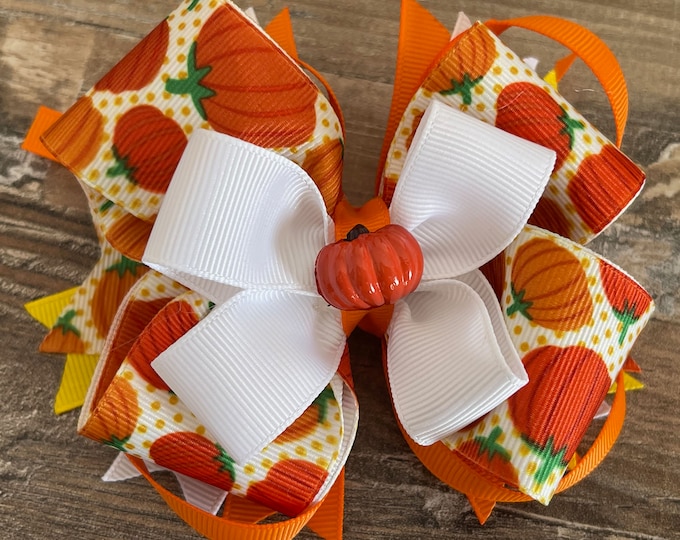Fall Hair Bow, Thanksgiving Hair Bow, Pumpkin Hair Bow, Orange Brown Yellow Hair Bow, Fall Hair Clip, LUKDesignsBoutique, (A0015)