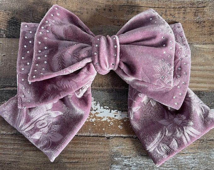 Mauve Velvet Hair Bow with Etched Floral Pattern Design and Crystal Rhinestones on a French Barrette, LUKDesignsBoutique