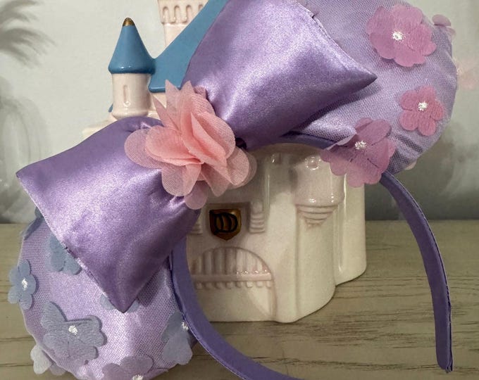 Lavender Satin & Floral Enchantment Mickey Minnie Ears Headband, LUKDesignsBoutique