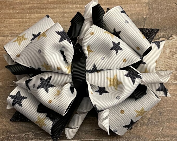 New Year's Eve Hair Bow, New Year's Bow, Black White Gold Hair Bow, Hair Bow with Stars, LUKDesignsBoutique, (NY002)