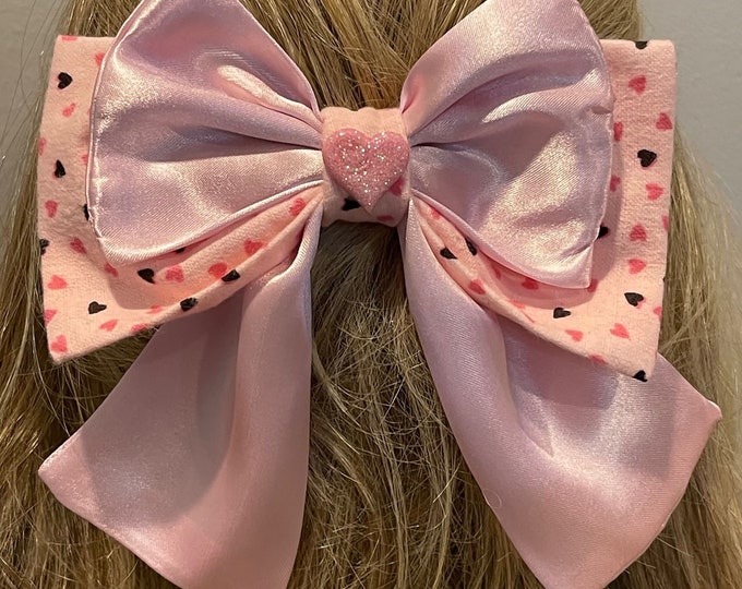 Pink Satin and Flannel 6" Valentine Hearts Hair Bow on a French Barrette, LUKDesignsBoutique