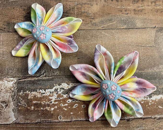 Pastel Colored Flower Hair Bows on alligator clip with teeth for Spring or Easter (Set of 2), LUKDesignsBoutique