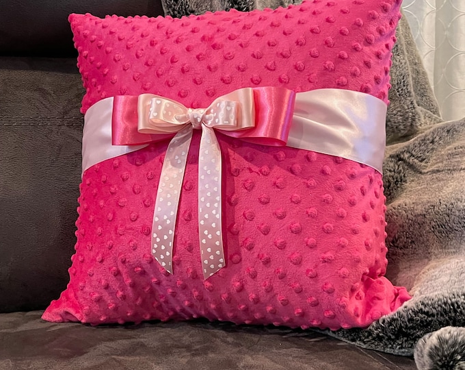 Soft Hot Pink Raised Fabric Dot Fleece 18x18 Throw Pillow Cover with Bow (Pillow Insert Included), LUKDesignsBoutique