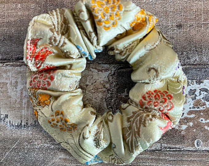 Gold Brocade Mini Scrunchie with Light Blue Flowers, LUKDesignsBoutique
