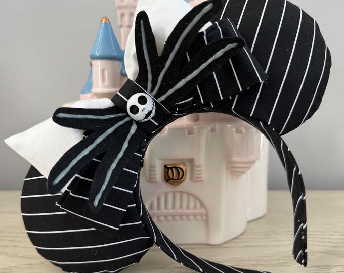 Black and White Pinstripe Skellington Mickey Minnie Mouse Ears Headband | Nightmare Halloween Ears, LUKDesignsBoutique