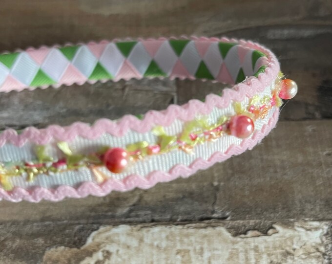 Pink, Green, and White Woven Style 1/2" Grosgrain Headband with Pink Marbled Pearls, LUKDesignsBoutique