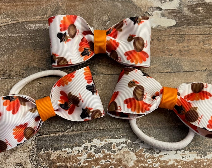 Thanksgiving Turkey White and Orange Hair Bows (Set of 3 - 1 bow on alligator clip with teeth, 2 bows on hair ties), LUKDesignsBoutique