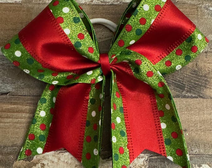 Christmas Red, White, and Green Polka Dot Glitter Mini Cheer Bow on Hair Tie, LUKDesignsBoutique