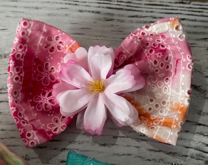 Pink Eyelet Bow Tie Hair Bow on Alligator Clip with Teeth, LUKDesignsBoutique