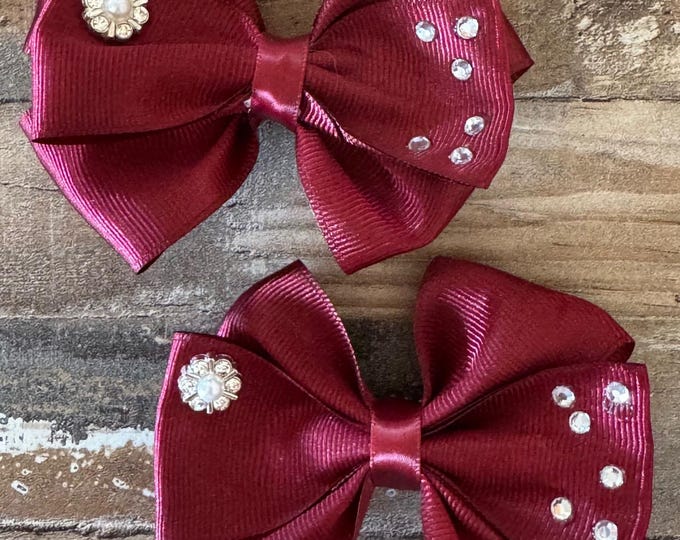 Burgundy Grosgrain Ribbon Hair Bow with Rhinestones on Alligator Clip (Set of 2), LUKDesignsBoutique