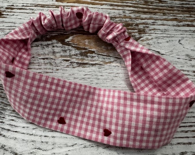 Valentine Gingham Headband with Embroidered Hearts, Pink and White Cotton Elastic Hair Band, LUKDesignsBoutique