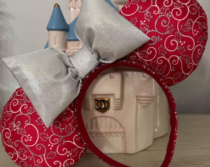 Festive Red and Silver Swirl Minnie Ears Headband with Sparkling Silver Bow, LUKDesignsBoutique