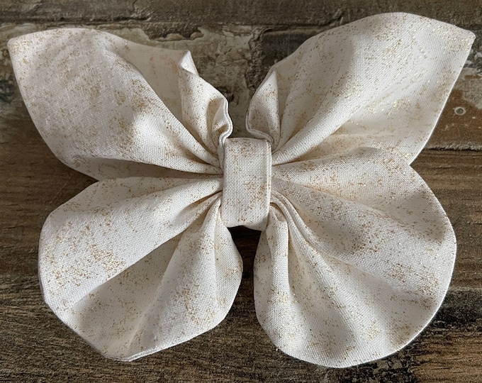 Ivory with Gold Glitter Swirls Cotton Fabric Butterfly Hair Bow on a French Barrette, LUKDesignsBoutique