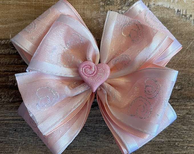 Pink Satin and White Organza Valentine's Day Hair Bow with Hearts (choose from Alligator Clip or French Barrette), LUKDesignsBoutique