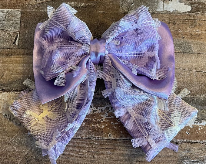 Purple Satin Layered Hair Bow with Ombre Organza Overlay on French Barrette for Spring, Easter, LUKDesignsBoutique