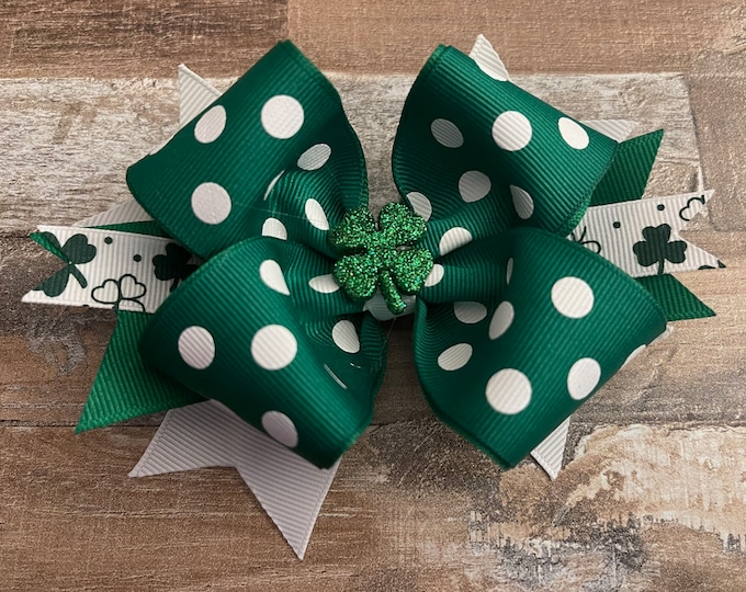 Green and White Polka Dot St. Patrick's Day Hair Bow with Glitter Shamrock (Choose Alligator Clip or French Barrette), LUKDesignsBoutique