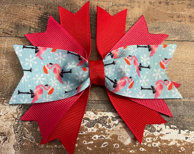 Christmas Flamingo Blue, Red, and Pink Grosgrain Hair Bow on Snap Clip, LUKDesignsBoutique