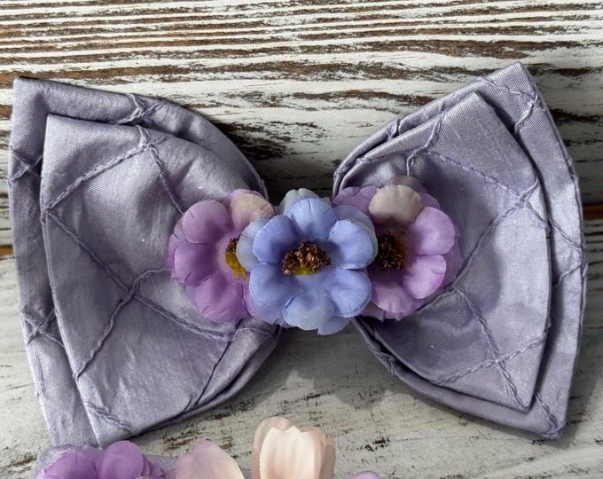 Purple Bow Tie Hair Bow with Faux Flowers, Wedding Accessory, Alligator Clip