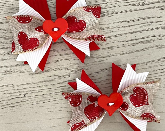 Valentine's Day Hair Clip, Heart Hair Clip, Valentine's Day Hair Bow, Heart Hair Bow, Red White Hair Clip, LUKDesignsBoutique, (V0002)
