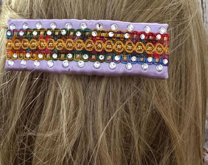Purple Satin with Multicolor Trim and Rhinestones 3.5 Inch French Barrette, LUKDesignsBoutique