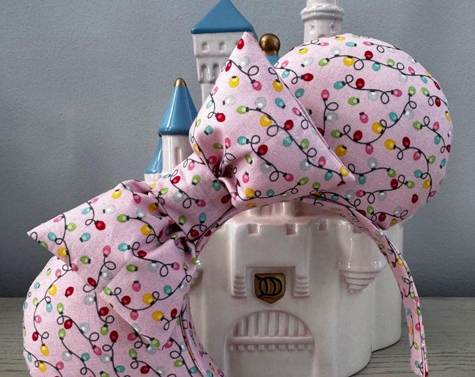 Pink with Christmas Lights Pattern Mickey Minnie Ears Christmas Headband, LUKDesignsBoutique