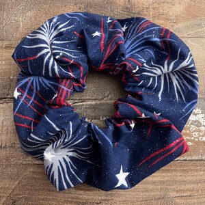 Red, White, and Blue Fireworks and Stars Patriotic Large &quot;The Fluff&quot; Scrunchie with Silver Sparkles, LUKDesignsBoutique