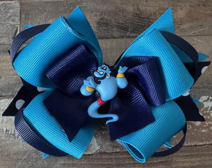 Blue Genie Grosgrain Boutique Hair Bow on Alligator Clip with Teeth, LUKDesignsBoutique