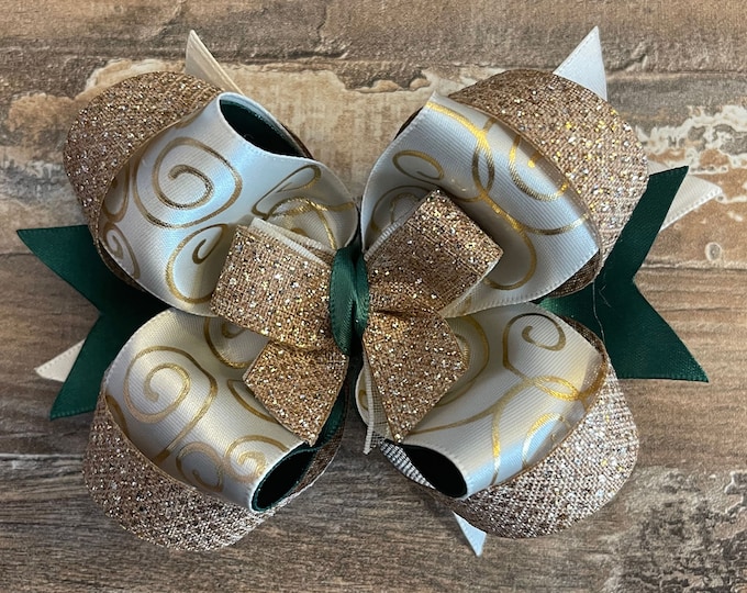 Green, Cream, and Gold Elegant Satin Ribbon Hair Bow (Choose from Alligator Clip or French Barrette) with storage bag, LUKDesignsBoutique