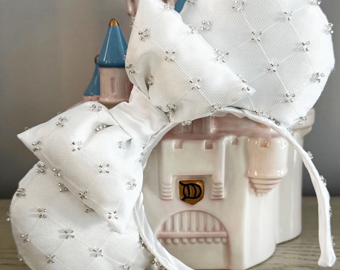 White Elegant Mickey and Minnie Ears Headband with Silver Beading, LUKDesignsBoutique