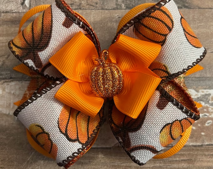Fall (Thanksgiving) Brown and Orange Pumpkin Hair Bow, Choose From Alligator Clip or French Barrette, LUKDesignsBoutique