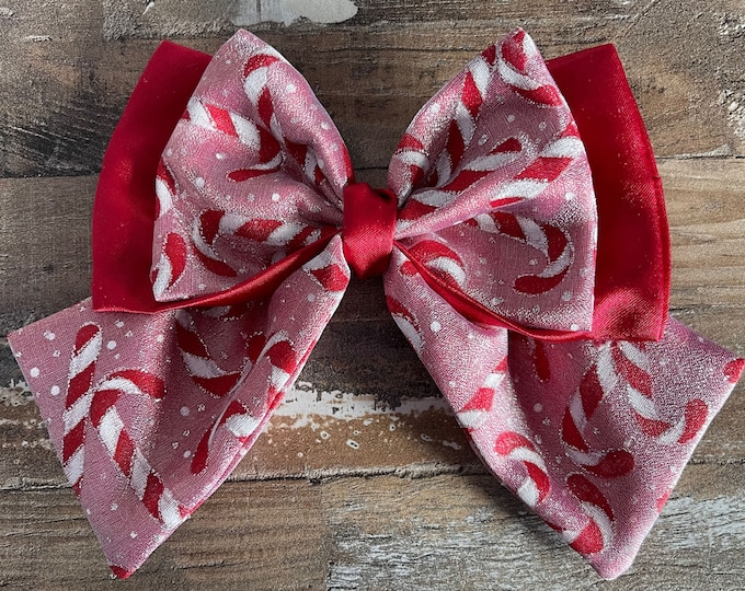 Red, White, and Silver Satin and Organza Christmas Candy Cane Layered Bow with Tails on French Barrette, LUKDesignsBoutique