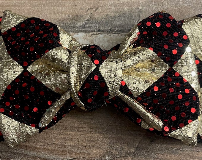 Shiny Red and Gold Metallic Knit Queen of Hearts fabric hair bow on French Barrette for Dance or Cheer Competition, LUKDesignsBoutique