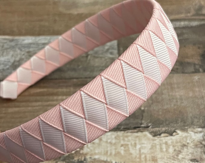 Pink and White Woven 1" Wide Grosgrain Headband for Valentine's Day, LUKDesignsBoutique