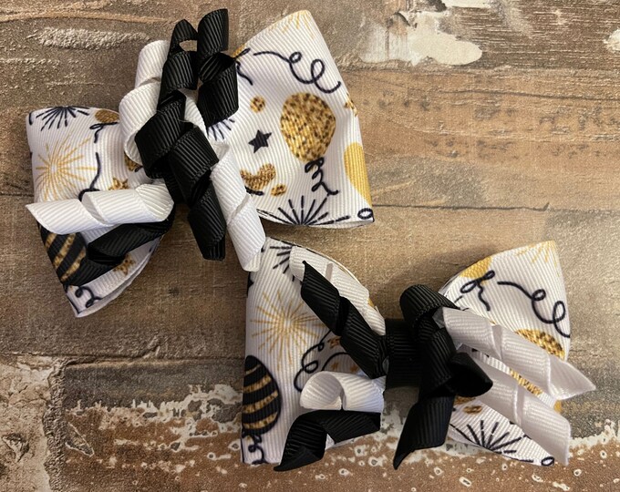 White, Black, and Gold New Year's Eve Hair Bow on alligator clip with teeth (Set of 2), LUKDesignsBoutique