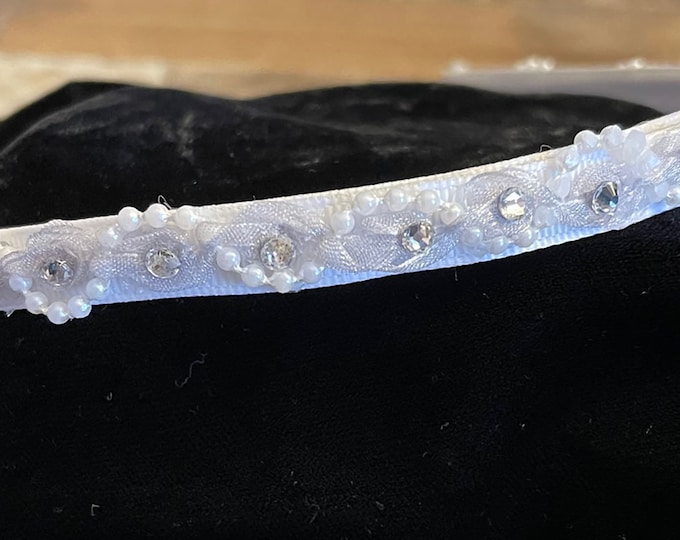 White 1/4" Bridal, Flower Girl, First Communion Headband with Grosgrain Ribbon, Pearls, Rhinestones, and Organza, LUKDesignsBoutique